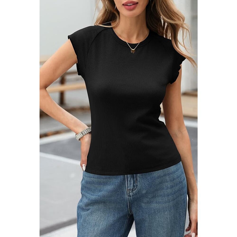 Tankaneo Women Cap Sleeve Crew Neck Ribbed Knit Top Black Medium New - Picture 6 of 6
